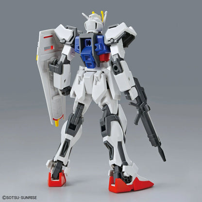 EG Strike Gundam model kit with beam rifle and shield back view